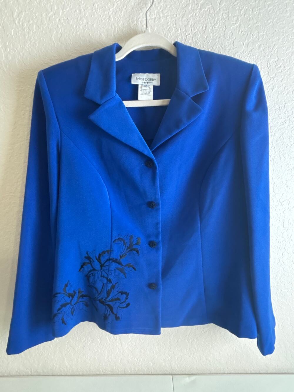 Vintage Miss Dorby Cobalt Blue Blazer Jacket with Black Embroidery Size 12